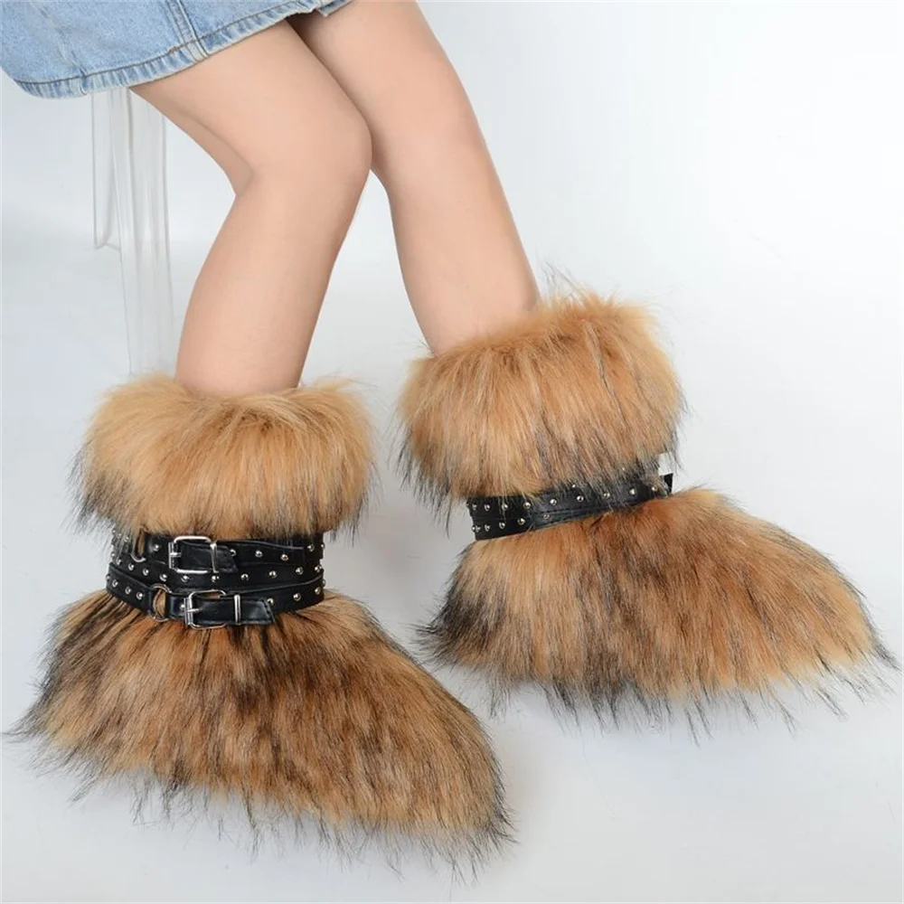 

Зимние ботинки, женские зимние ботинки из искусственного меха енота, теплые милые плюшевые кожаные ботильоны с меховыми ремешками, уличная меховая обувь для девочек Y2K