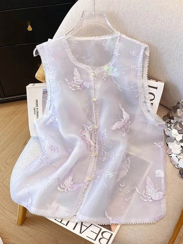 

Женский жилет Ele с вышивкой, тяжелая китайская вышивка, новая модная коллекция Лето 2025, круглый вырез, пуговицы, цветочный узор