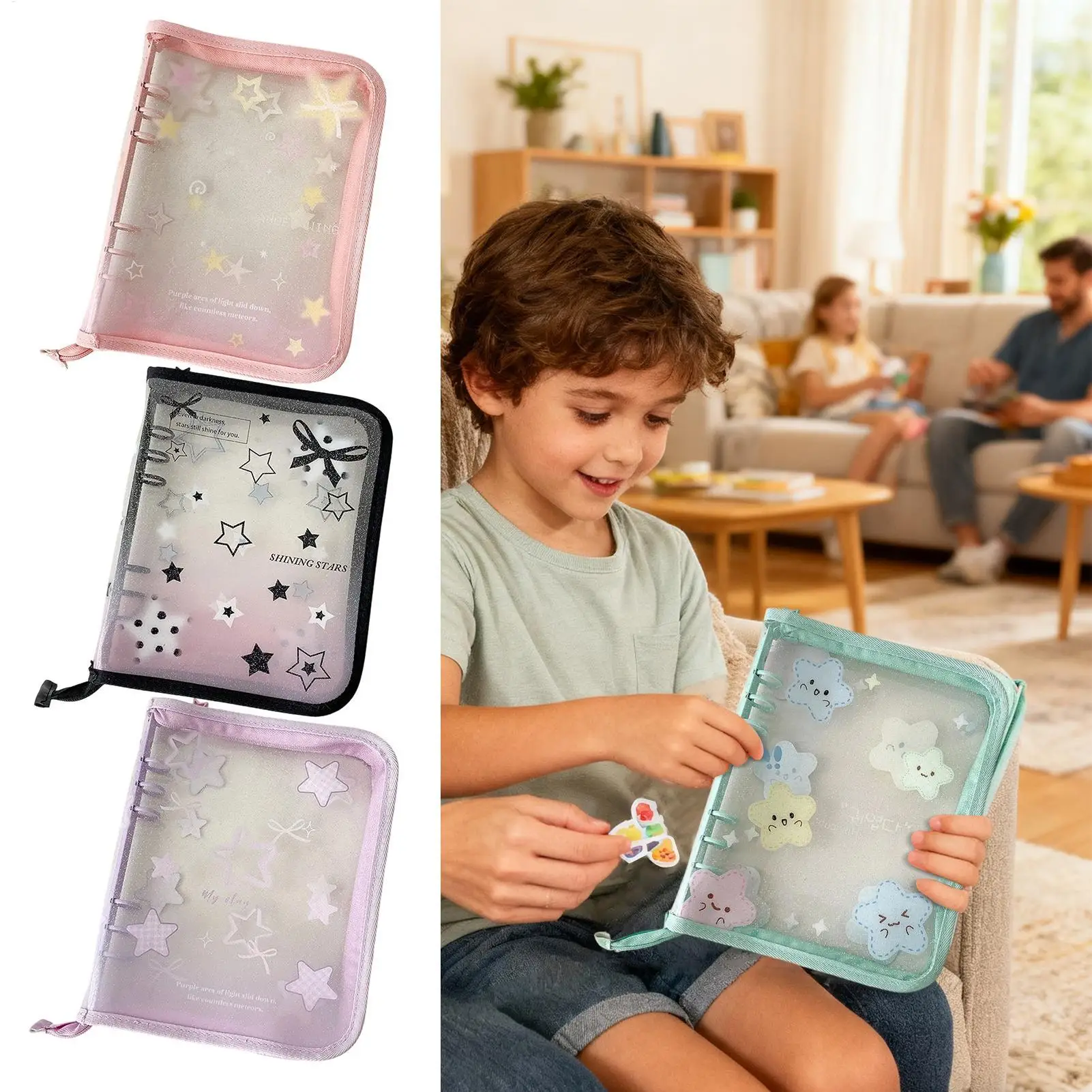 

Collectible Trading Card Albums Clear Star Print A5 Photo Organizer With 20 Replaceable 4-Compartment Pages Waterproof Trading