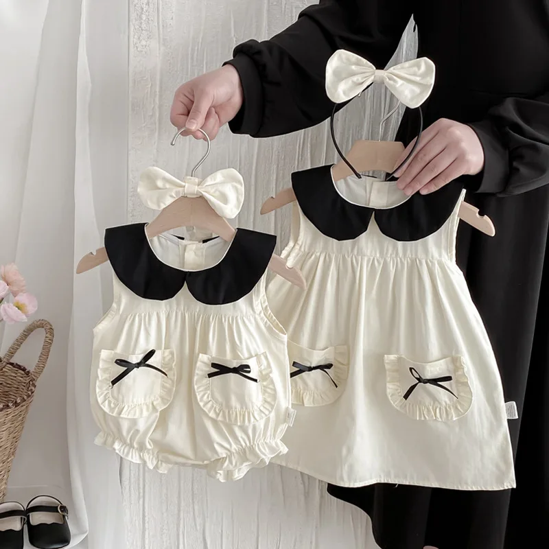 

Little Sister Big Sister Matching Cotton Outfit Baby Clothes Twins Cute Toddler Infant Princess Bodysuit Bow Child Girl Dresses