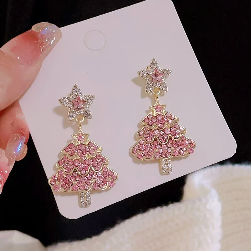 Pink Shiny Rhinestone Christmas Tree Pendant Earrings Women Exquisite Full Crystal Zircon Xmas Tree Drop Earring New Year Jewels