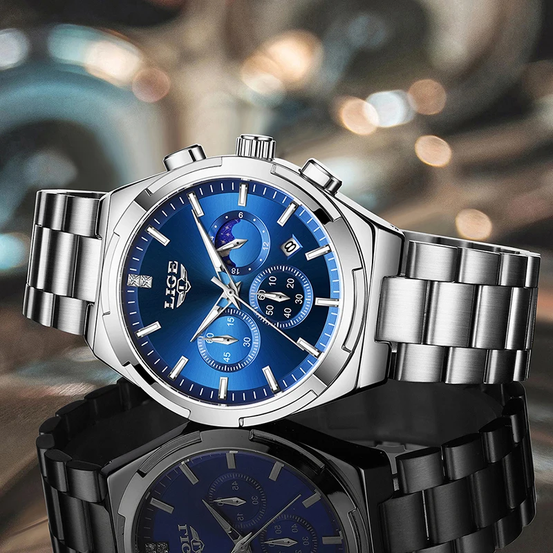 นาฬิกากันน้ำ LIGE สำหรับผู้หญิง นาฬิกาข้อมือสำหรับเล่นกีฬากลางแจ้ง แฟชั่นหรูหรา เรืองแสง แสดงข้างขึ้นข้างแรม นาฬิกาควอตซ์โครโนกราฟ