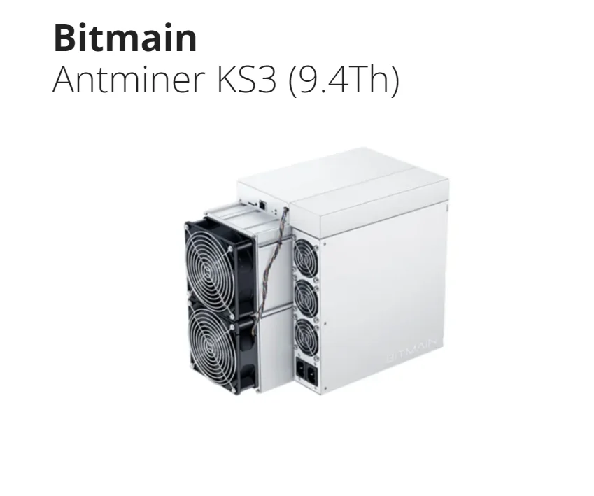 Antminer KS3 (9.4Th) de Bitmain mining, algoritmo KHeavyHash con una tasa máxima de hashrate de 9,4th/s para un consumo de energía de 3500