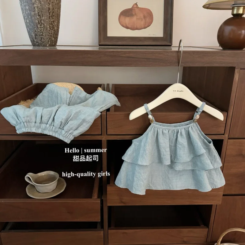 

Girls 2Pcs Korean Summer Outfit, Soft Blue Tiered Ruffle Cami Top + Irregular Wide Leg Shorts,fashion Casual Sweet Set for Kids