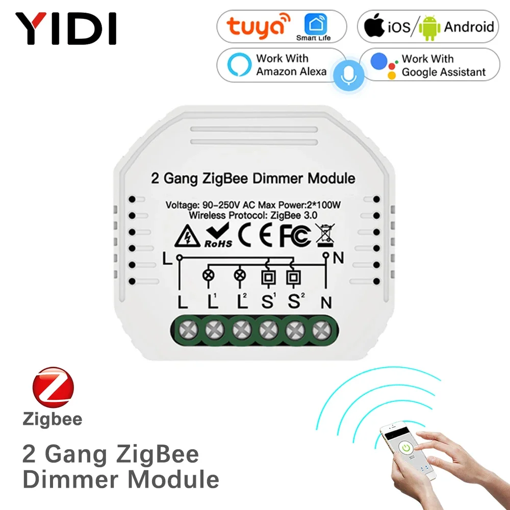 Modulo interruttore dimmer luce intelligente ZigBee a 2 gang Mini hub fai-da-te richiesto Smart Life Tuya Il telecomando funziona con Alexa Google