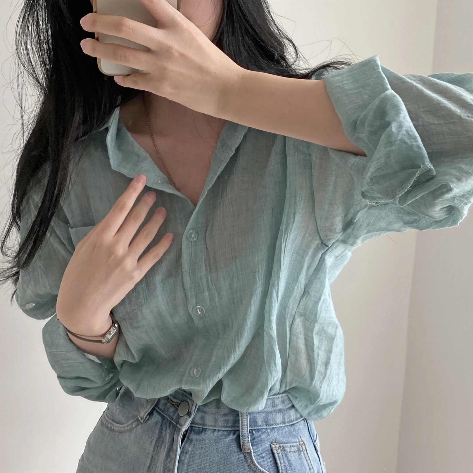 Chic Summer Loose Fit Long Sve irt Women's Thin Transparent Pure Color Lazy Sle Sun Protection Folded Wrinkle Texture