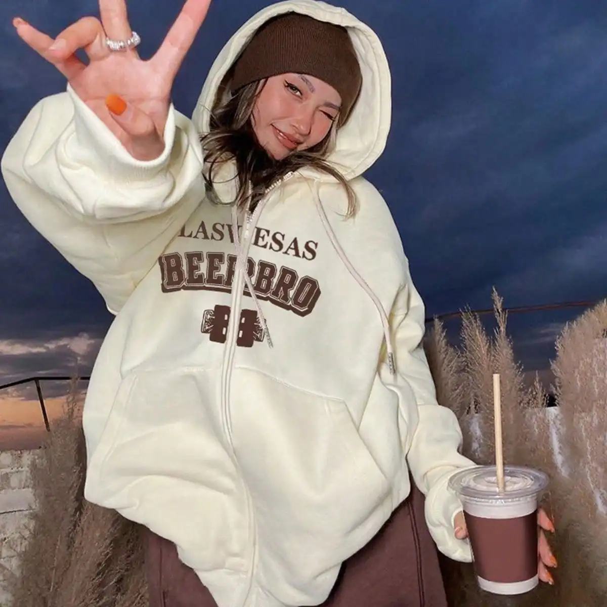 

South Korea's Dongdaemun Autum American Retro Hooded Cardigan Units High Street Couple Letter Print Loose Sweatshirt for Women