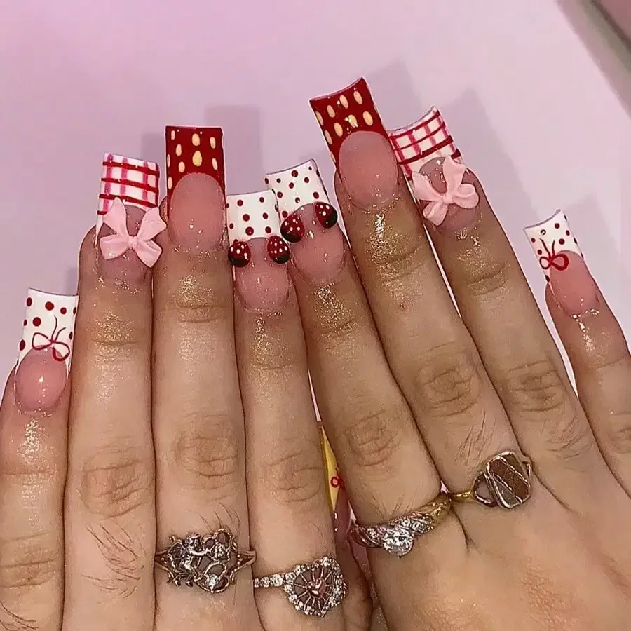 

24Pcs Y2K Strawberry Pomegranate Press On Nails, Reusable Waterproof, Free Shipping