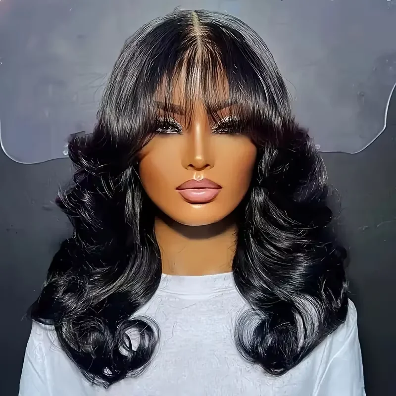 Body Wave Human Hair 30 Inche Wigs With Bangs 3x1 Full Machine Made Human Hair Wigs For Women Natural Color 200% Density