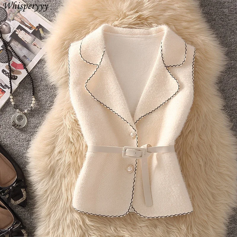 Woolen Cloth Vest Coat Women Vintage 2021 Autumn Winter Loose Sashes Button Sleeveless Waistcoat Lady Casual Solid Gilet Jacket