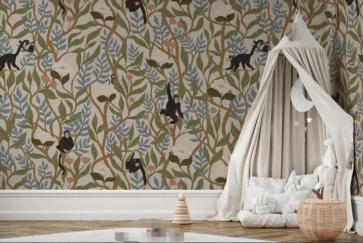 Customized Size Mural Climbing Monkeys Pale Beige Wallpaper jungle animal Decoration Painting wall sticker 3d wallpaper