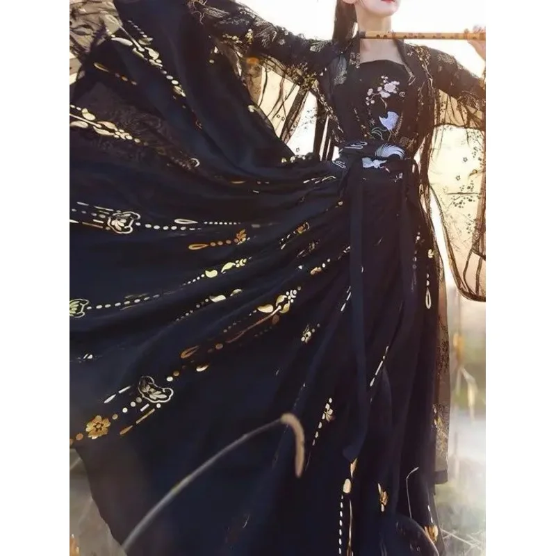 Chinesische traditionelle Hanfu Frauen Volkstanz Kostüme Fee Prinzessin Kleider Retro Mädchen Cosplay Kleidung schwarz weiß Kranich