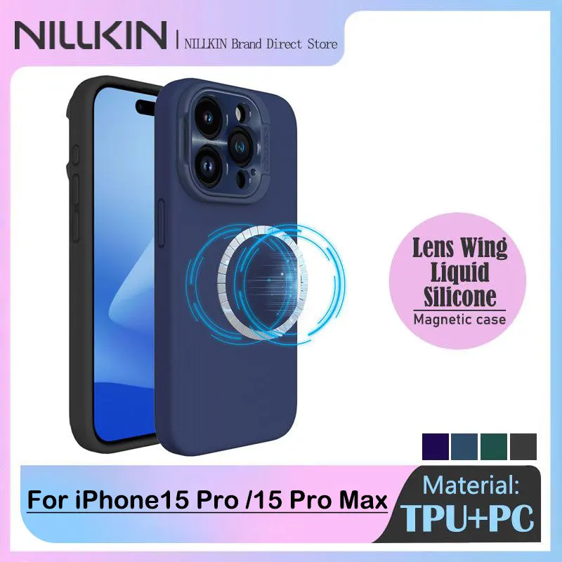 

Магнитный чехол Nillkin для Apple iPhone 15 Pro/15 Pro Max, защита камеры, жидкий силикон Magsafe, приятная для кожи задняя крышка