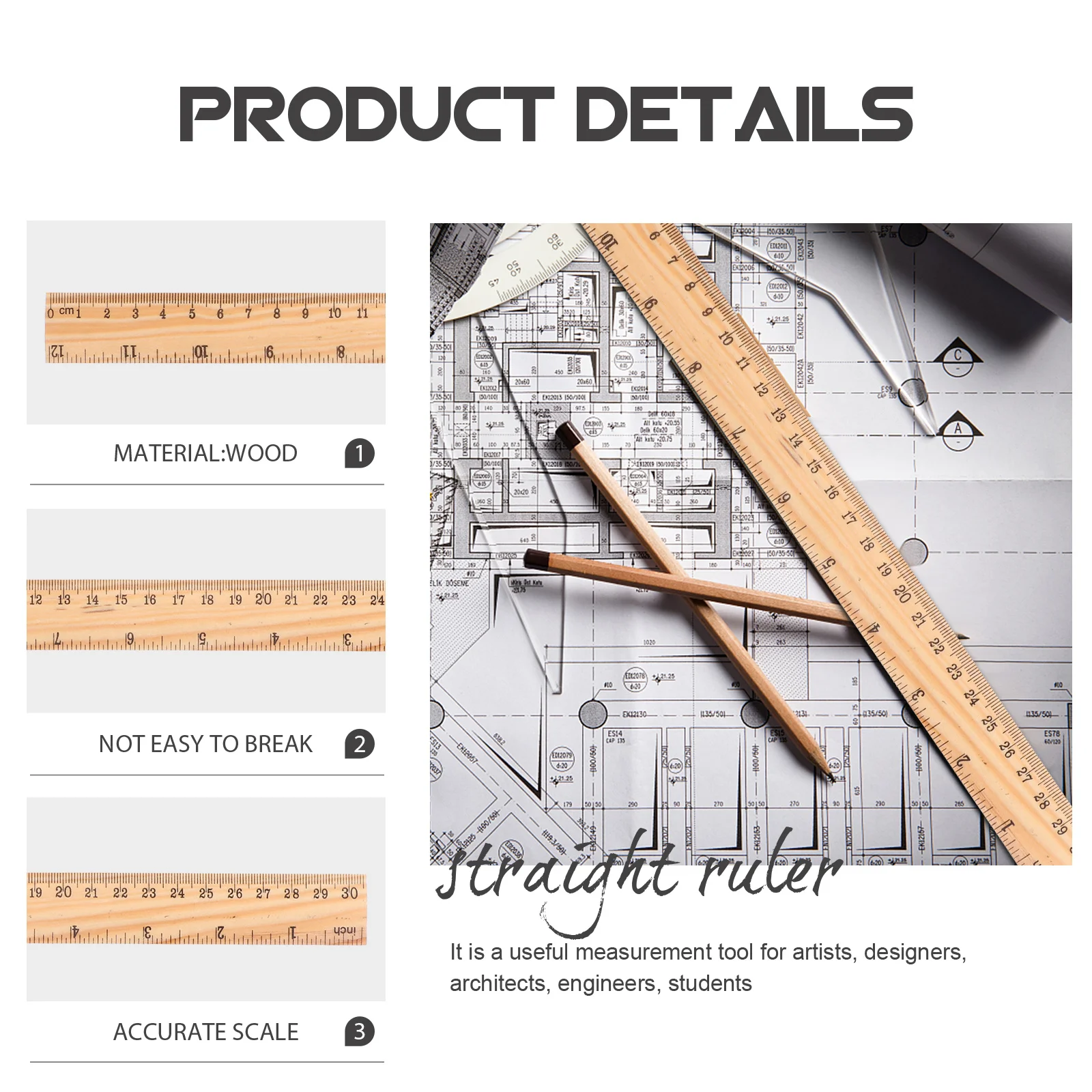 

20Pcs Wood Rulers Precise Straight Rulers for Artists Architects Engineers Measuring Tool Portable Student Supply Drawing Design