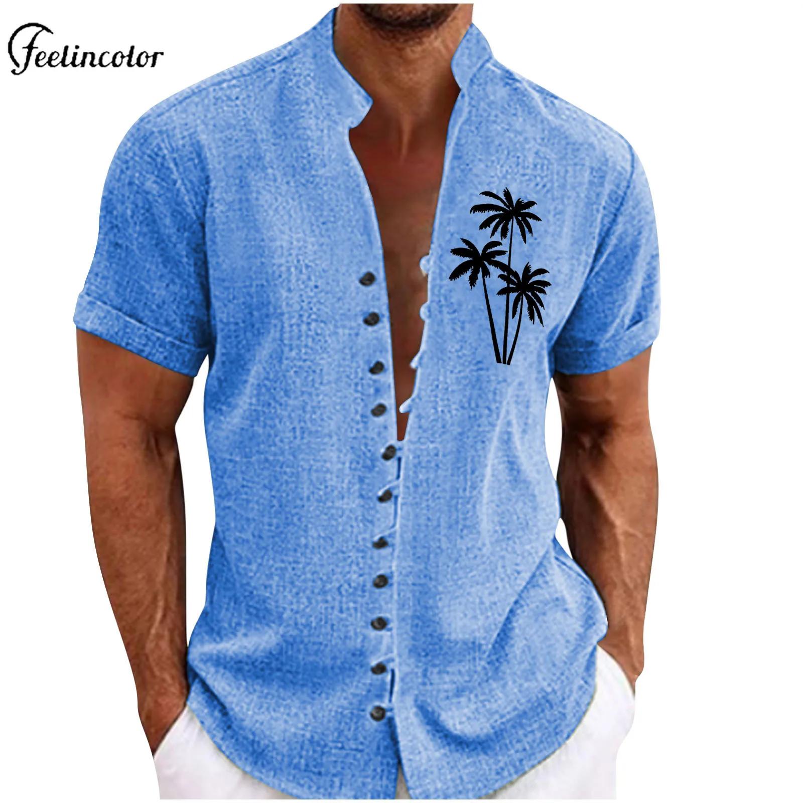 Casual Coconut Tree Print Men's Shirt Stand-up Collar Short Sleeved Tops Summer Holiday Beach Clothing Daily Shopping Streetwear - Image 3