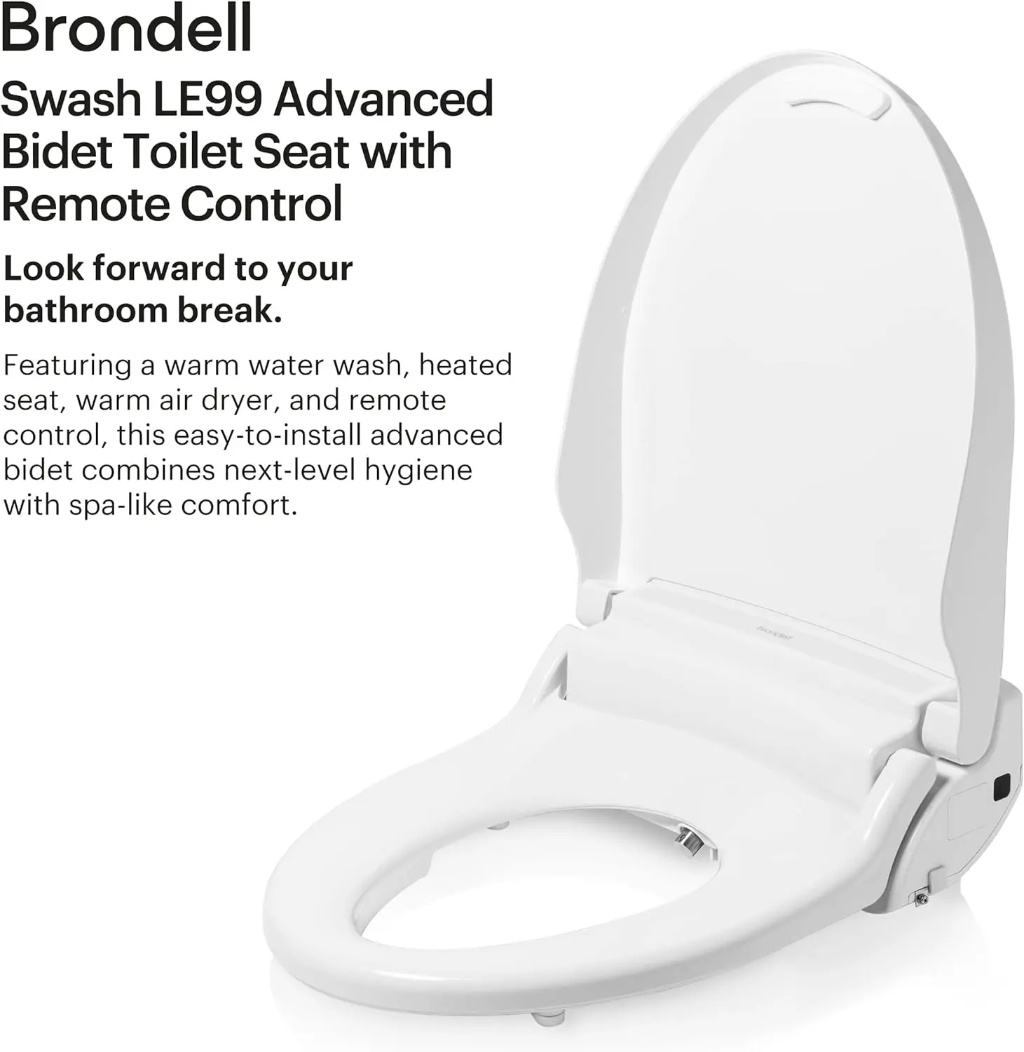 Brondell LE99-RW LE99 Swash Electronic Bidet Seat, Fits Round Toilets, White – Lite-Touch Remote, Warm Air Dryer,