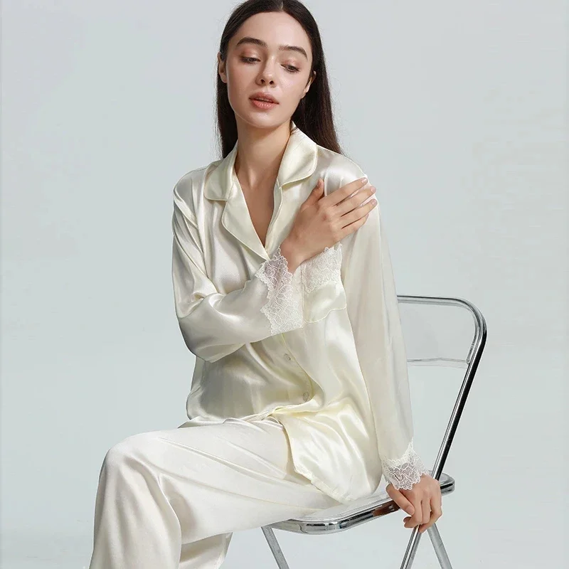 

Lace Trim 22MM 100% Mulberry Silk Long-sleeved Trousers Suit Nightwear Solid Color Women Sleepwear Casual Pajama Lapel Pyjamas