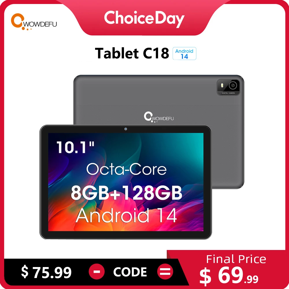 Tableta CWOWDEFU Android 14, 10,1 pulgadas, Octa-core, 8 GB de RAM, 128 GB de ROM, 6000 mAh, tipo C, certificada por Google, Wifi6, cámaras de 5 MP