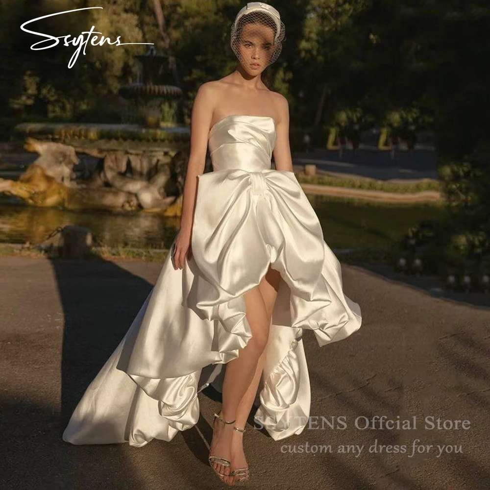 SSYTENS Elegant Satin Wedding Dresses A-Line Strapless Ruched Chic Bride Prom Dress Fluffy Civil Bridal Party Gowns Customized