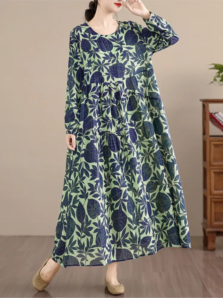 Abito autunnale oversize da donna fiore floreale moda cotone lino abiti da donna abito casual allentato pieghettato con volant