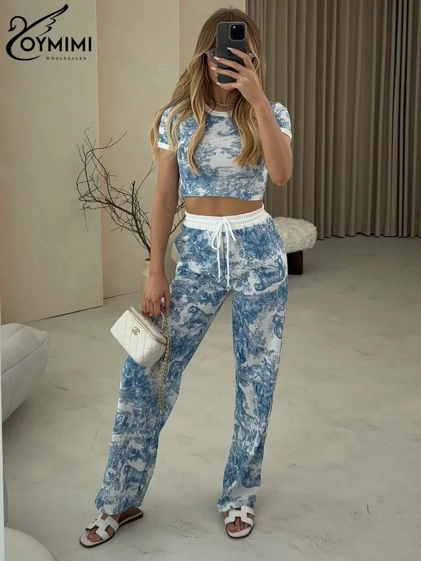 

Oymimi Casual Blue Print 2 Piece Sets Women Outfit Fashion Slim O-Neck Short Sleeve Crop Tops And Drawstring Patchwork Pants Set