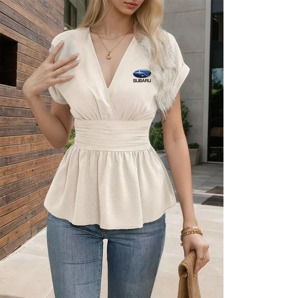 

2026 New Men's and Women's Fashion Style SUBARU Printed Deep V-neck Waist Sleeve Short Sleeve Top