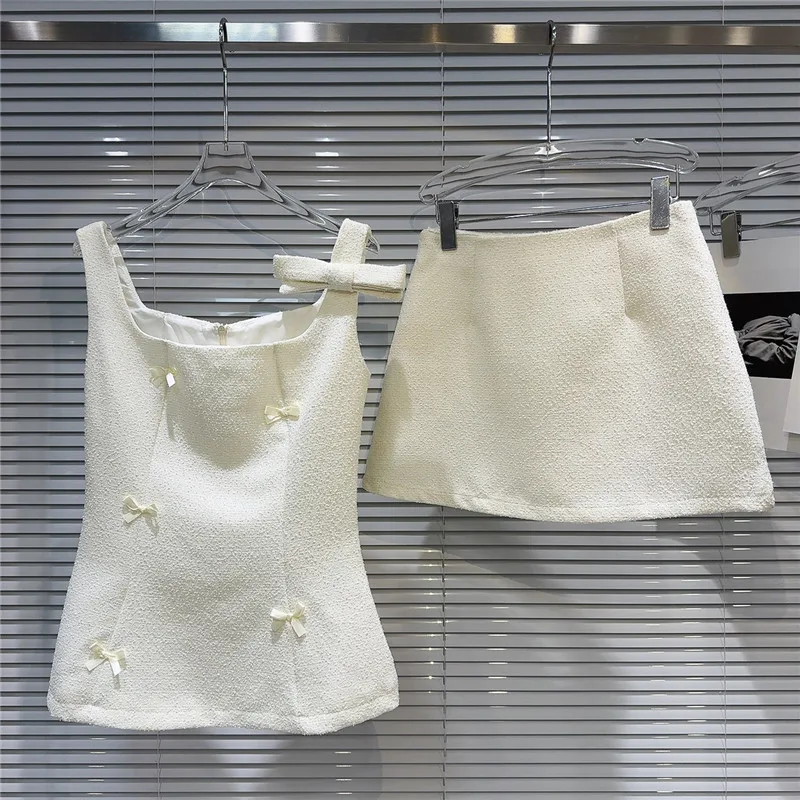 المشاهير سيدة فاخرة أنيقة 2 قطعة مجموعات أسود بيج الحلو القوس قصيرة تانك القمم و خط تنورة صغيرة الصيف شيك 2 قطعة فستان الدعاوى #3