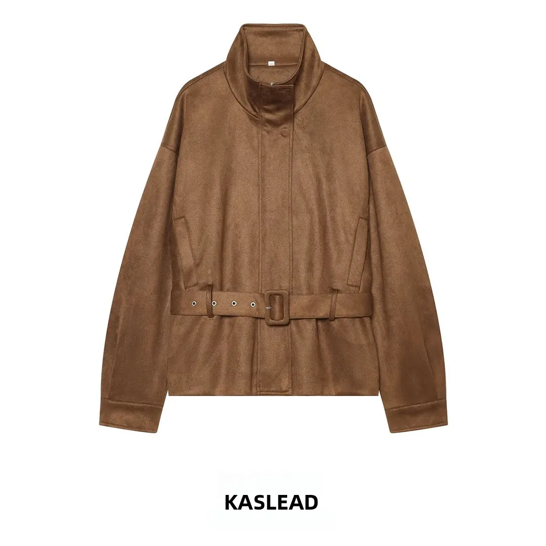 KASLEAD New Women's Fashion Versatile Design Sense Belt Jacket Outerwear Short Style Long Sleeve Polyester Fiber 100%