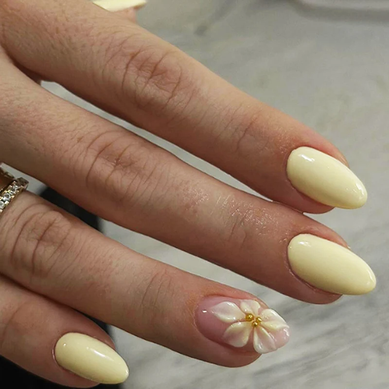 24PCS Yellow Almond Press On Nails Flower French Solid Color Design pink flower Fake Nail Art Daily Detachable Wearable Nail Set
