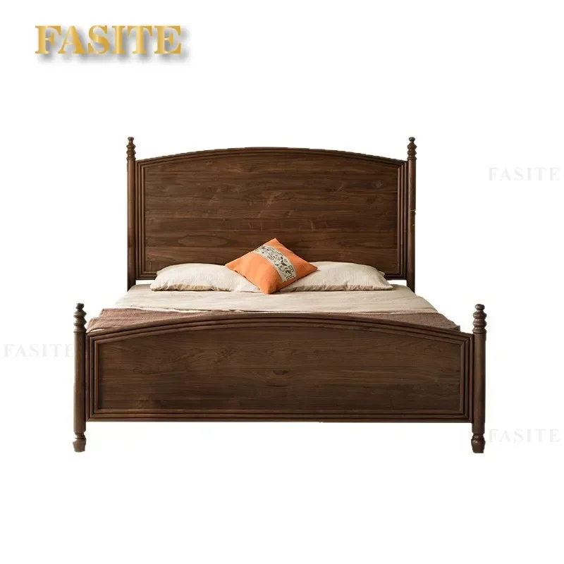 American Retro Black Walnut Double Bed 1.8m 1.5m Modern Simple Solid Wood Bed with Large Backrest for Villa Master Bedroom
