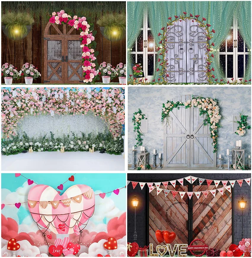 Garden Flower Weeding Party Love For Valentine Day Backdrops Photographic Window Interior Clouds Wood Door Backgrounds Banner