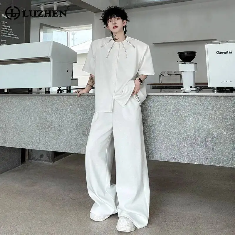

LUZHEN 2026 Summer Fashion Solid Color Two-piece Sets Men's Shoulder Pad Diamond Decorate Short Sleeve Shirt Casual Pants JY6956