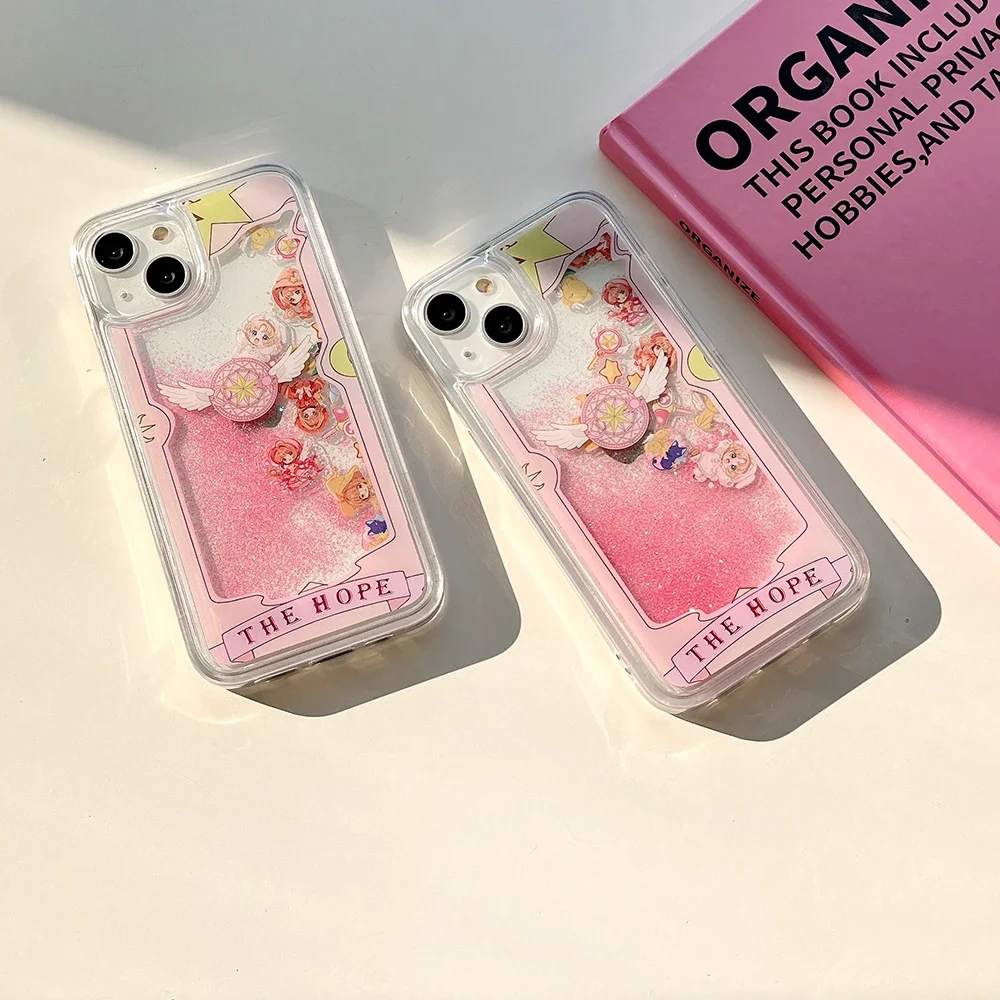 Cute Pink Card Captors Sakuras Transparent Quicksand Phone Case for IPhone 15 14 13 12 11 Pro Max Anti-fall Back Cover