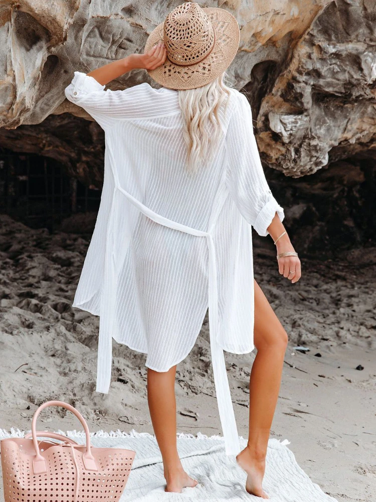 Camisas de praia bikini cover ups para mulheres auto cinto quimono vestido elegante maiô cobre férias fatos de banho beachwear