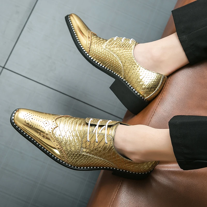 New Gold Brogue Shoes for MenMetallic Wind Square Toe Lace-up  Wedding Shoes for Men Size 38-46 Mens Shoes
