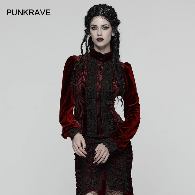 PUNK RAVE Damen Daily Goth Verschiedene Stoffe Gespleißt Schlank Stilvolles Hemd Rose Spitze Elegante Tops Retro Bluse 3 Farben