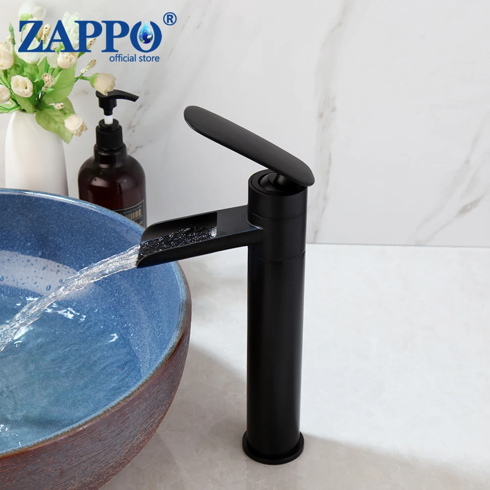 

ZAPPO Black Bathroom Basin Sink Faucet Waterfall Cold Hot Mixer Tap Deck Moutned Wash Basin Faucets Single Lever Taps