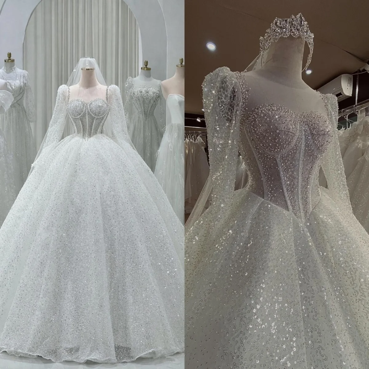 

Custom Luxury Puff Sleeve Sheer Beaded Corset Ball Gown Wedding Dress Cathedral Train Bridal Gown Plus Size Vestido De Novia