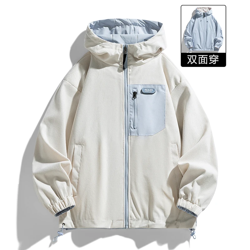 

Double-Sided Wear corduroy Casual Jacket Men fashion hooded jacket Spring Autumn Fashionable Outerwear Regular Length