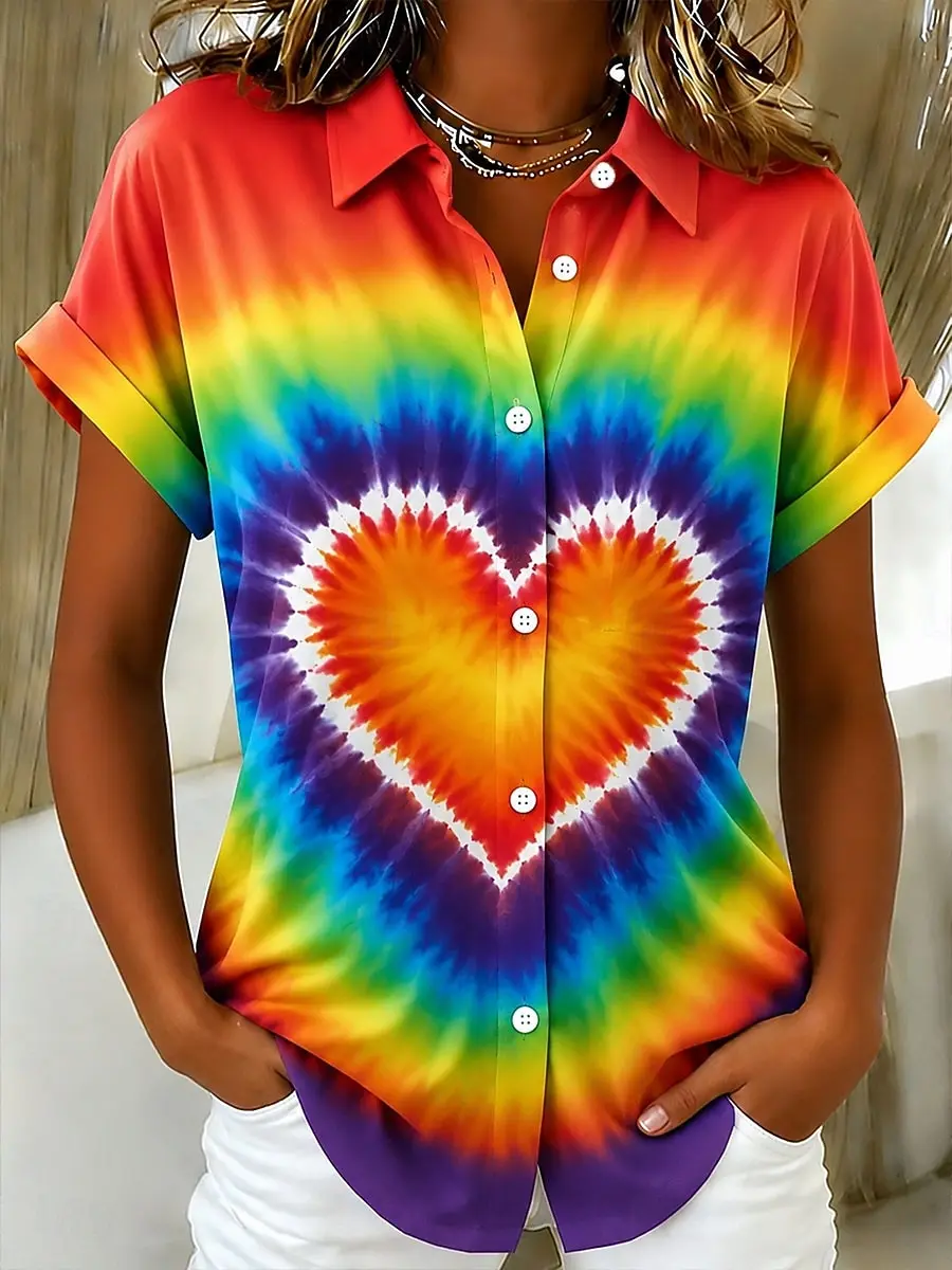 

Women's Rainbow Tie-Dye Heart Print Button Down Shirt, Casual Tops for Spring Summer Daily Streetwear & Festival Occasions