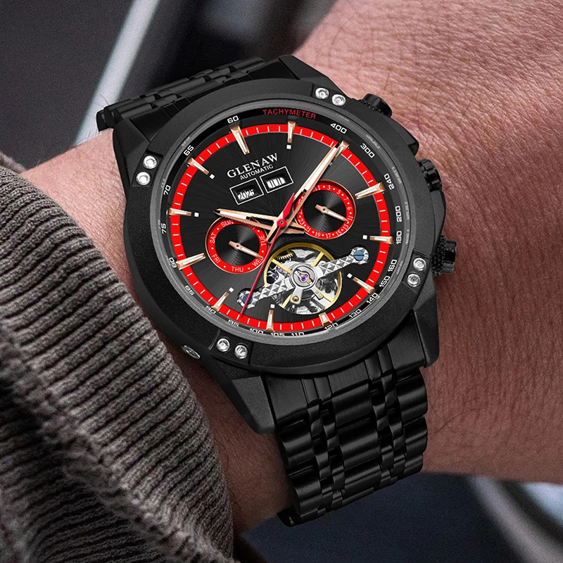 Reloj multifunción mecánico totalmente automático de marca de alta gama Glenaw, reloj resistente al agua con personalidad de negocios para hombres