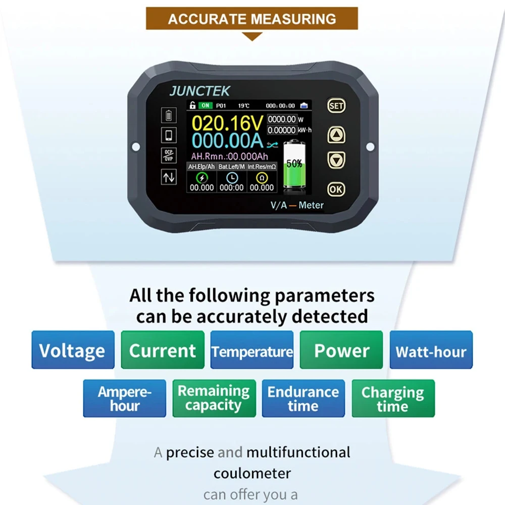 JUNCTEK KG110F/140F/160F Battery Tester Bluetooth Battery Monitor Voltage Current V/A Battery Coulomb Meter Capacity Indicator