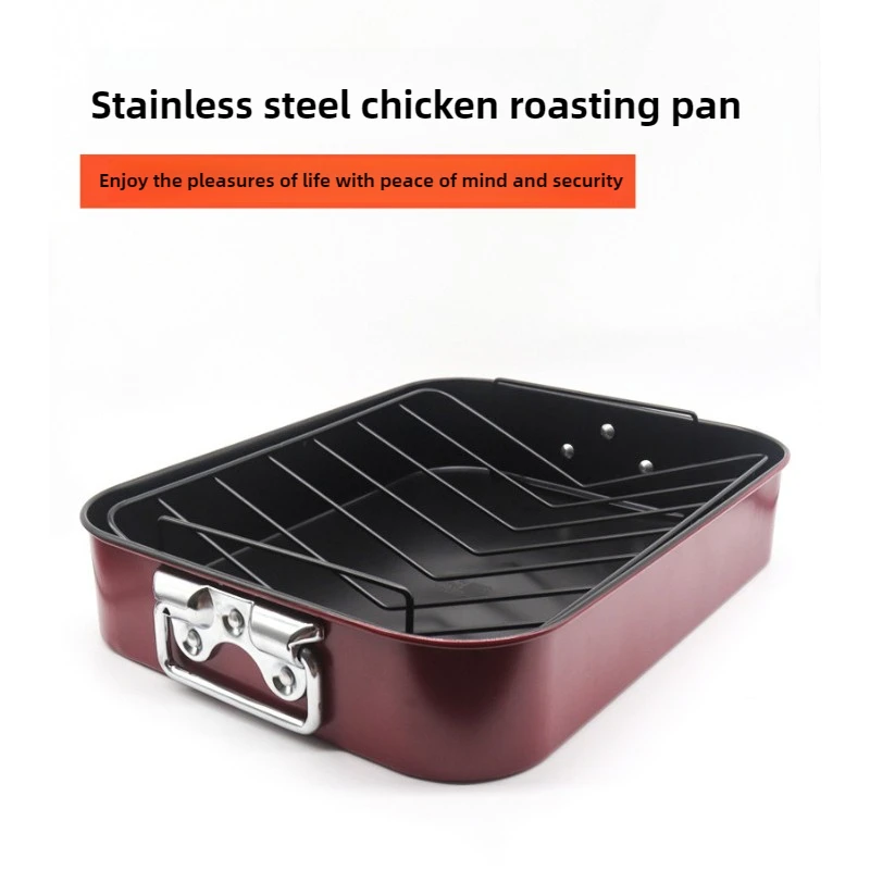 

Антипригарный поднос для курицы на гриле, квадратная бинауральная ручка, красный поднос из углеродистой стали для индейки, кухонный поднос с маслом, на гриле, для рыбы на открытом воздухе