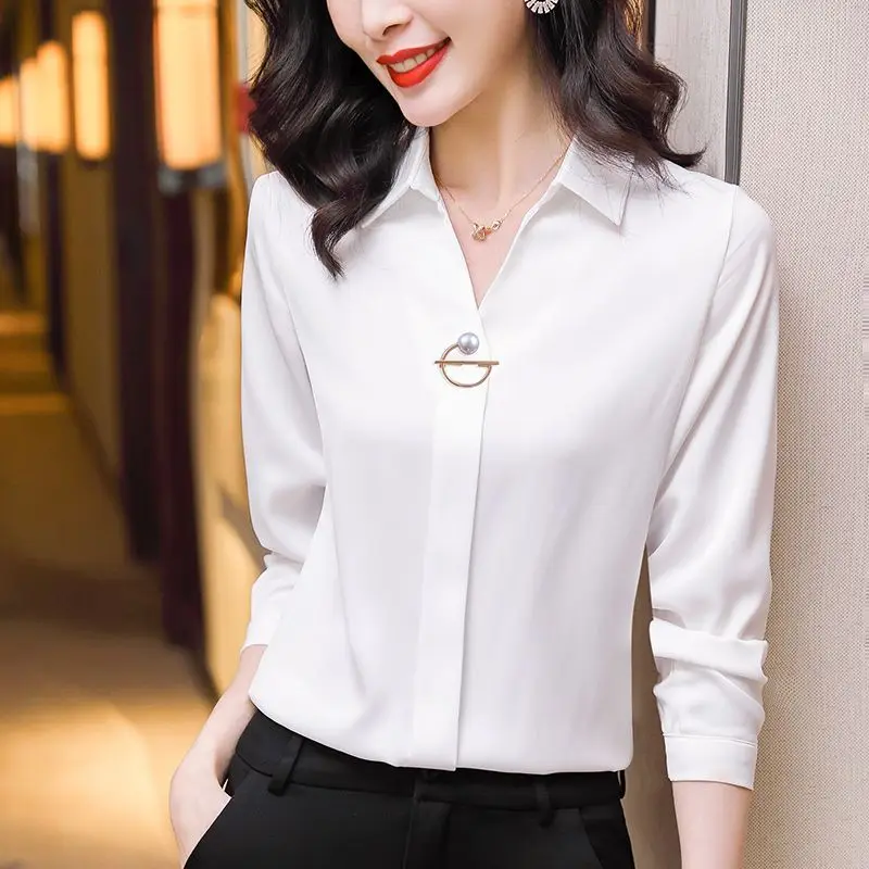 Basic Office Lady Solid Color Shirt Female Clothing Elegant Fashion V-Neck 2023 Spring Autumn Commuter Korean Long Sleeve Blouse