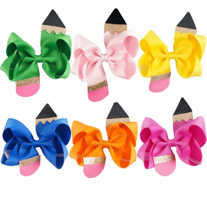 3.9/4.5\'\' BACK TO SCHOOL Glitter Hair Bows With Alligator Clip Solid Pencil Grosgrain Ribbon Hair Clip Fashion Hair Accessories