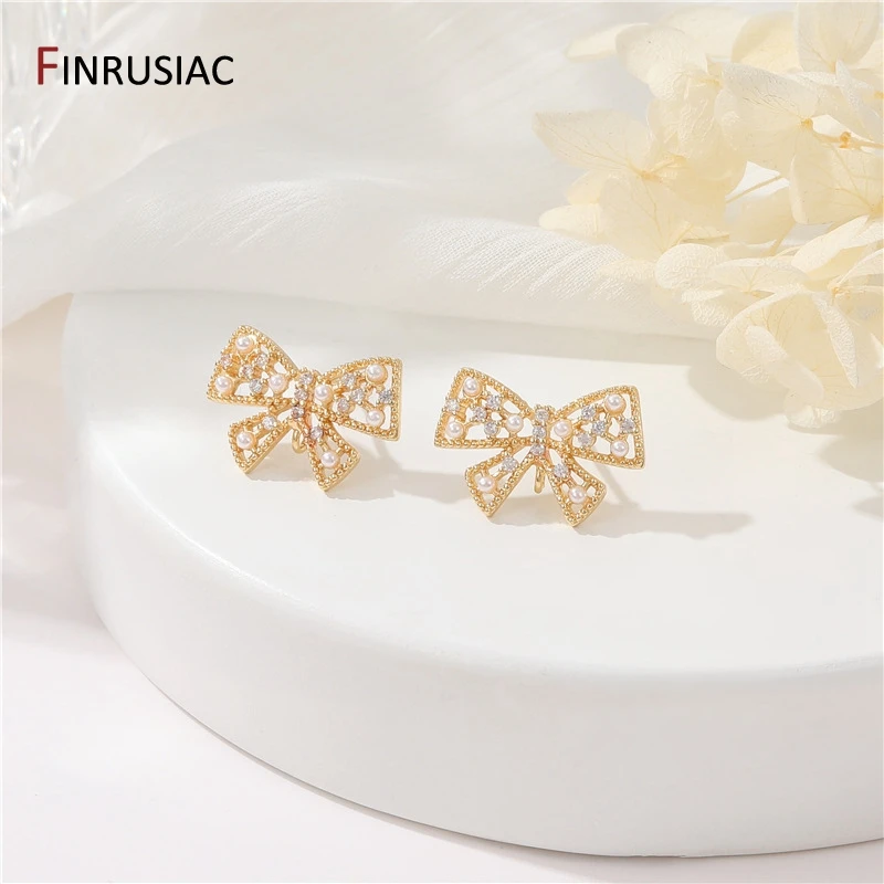14K Gold Plated Brass Zircon Bowknot Stud Earrings Posts With Loop For Jewelry Making Accessories Women Earring Findings