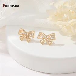 14K Gold Plated Brass Zircon Bowknot Stud Earrings Posts With Loop For Jewelry Making Accessories Women Earring Findings