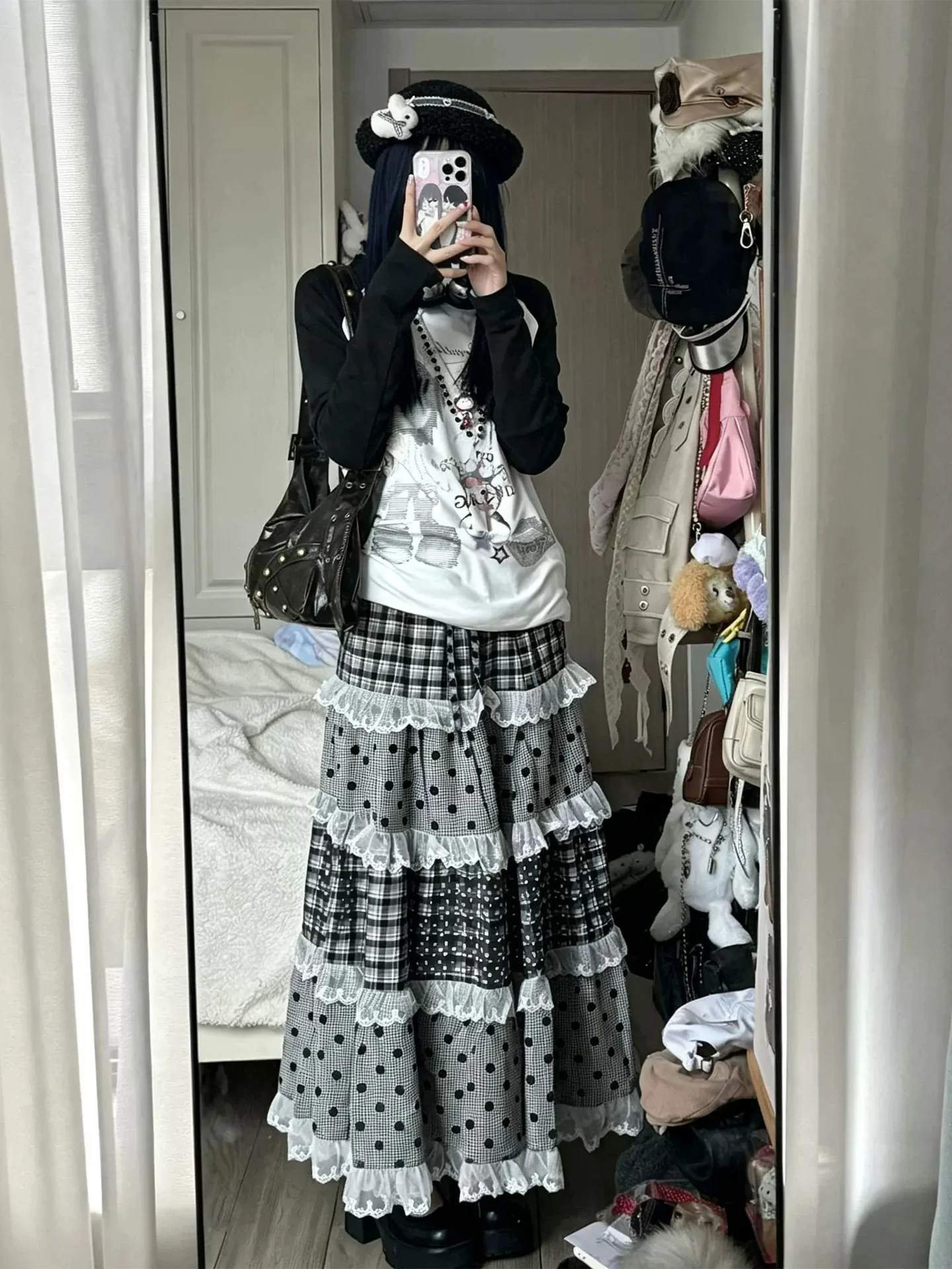 Korean Style Heavy Embroidery Plaid Half Skirt Women's Spring Autumn Winter Seasonal Wear Cake Skirt High Waist Elastic Waist