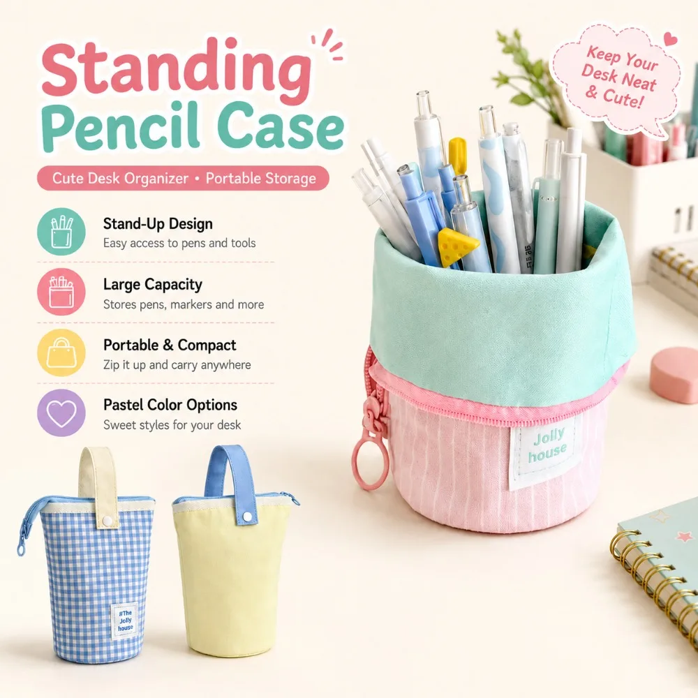 Kawaii Large Capacity Pencil Case Zipper Fabric Sundries Storage Bag Desk Standing Organizer Pen Holder for School Office Travel