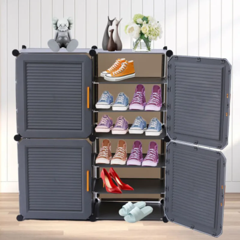 6-Tier Shoe Rack w/ 4 Doors Free Standing Shoe Storage Box Dust-proof Grey 